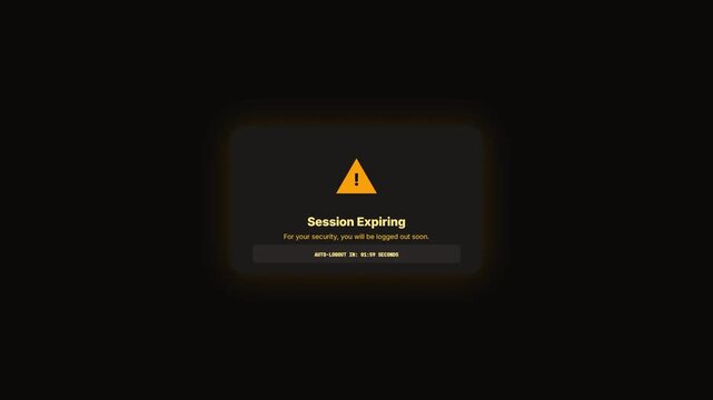 Session Expiring Security Warning Alert Message with Countdown Timer on Black Background