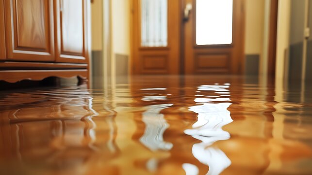 Clear water pooling on a wooden floor inside a damaged room