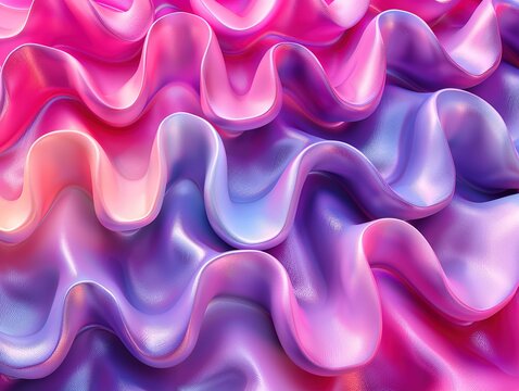 A vibrant abstract illustration of wavy, iridescent fabric in shades of pink and purple