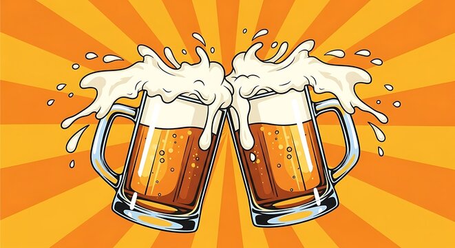 Vibrant vector illustration of clinking overflowing beer mugs celebration