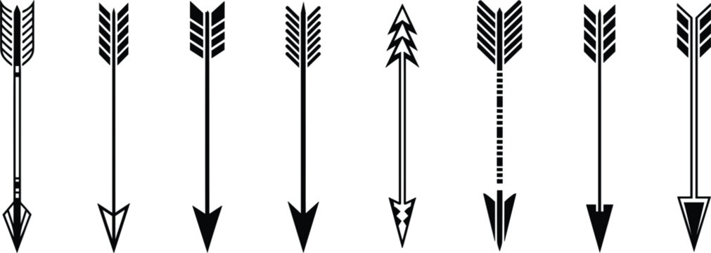 Tribal arrow silhouette collection set, ethnic bow weapon icons for bohemian and rustic design styles vector