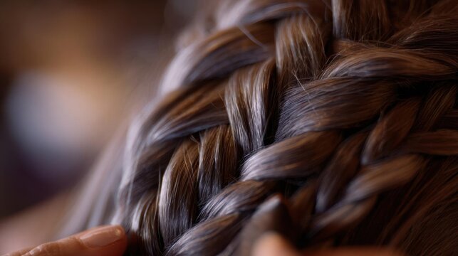 Close-up of a person's hair. the hair is styled in a fishtail braid, which is a type of braided hairstyle.