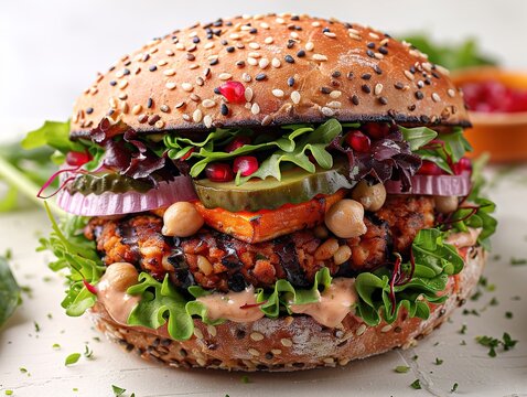 A delicious vegan burger with various toppings on a sesame seed bun