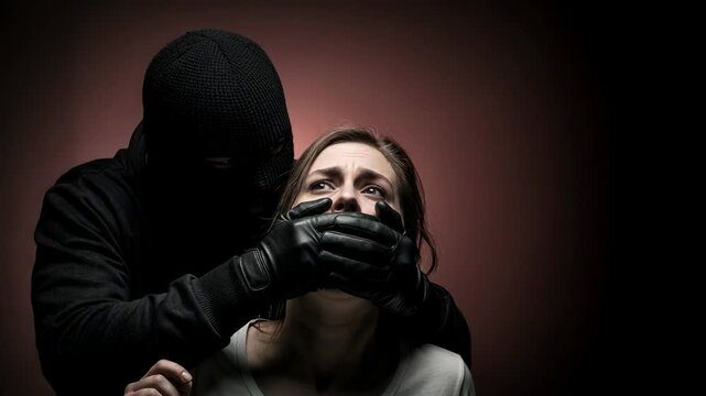 Criminal in balaclava kidnapping scared woman. Attacker covering mouth of victim with hand. Dangerous assault scene for crime drama and personal safety concept.