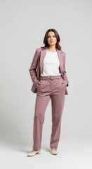 Fototapeta premium Businesswoman standing confidently in formal mauve suit and white shirt