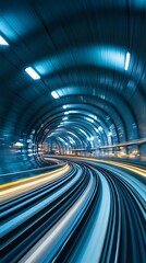 Obraz premium Fast subway train navigating an illuminated tunnel with motion blur lights