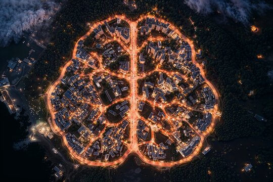 Conceptual overhead cityscape in the shape of a brain hemisphere with glowing road network resembling neural pathways &mdash; intelligence concept