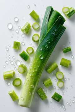 Whole and cut leeks with water droplets