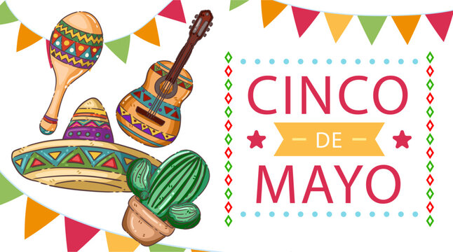 Banner Cinco de Mayo Banner with Mexican Guitar, Sombrero, Maracas and Cactus Illustration