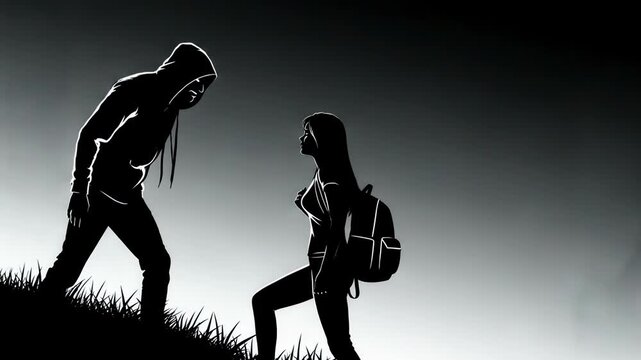 Dangerous man in hoodie confronting terrified woman with backpack on hill. Silhouette of criminal attacking victim. Threatening situation and crime concept.