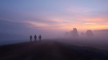 Fototapeta premium Silhouettes of three figures standing on a rural road in a vast ethereal morning mist at dawn