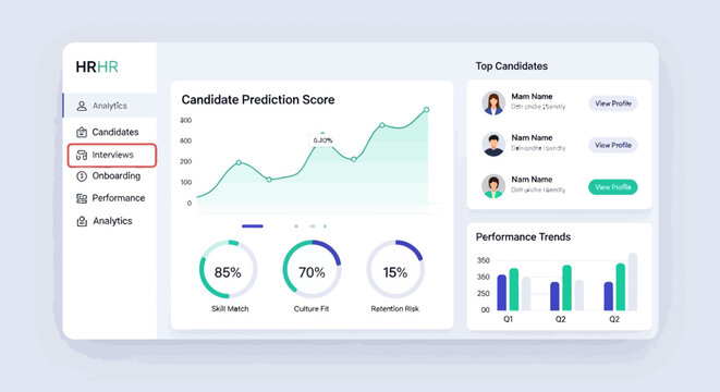 User interface dashboard displaying candidate prediction scores and performance trends for HR management.