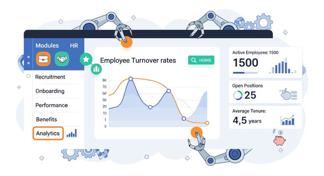 Business analytics dashboard showing employee turnover rates and performance metrics.