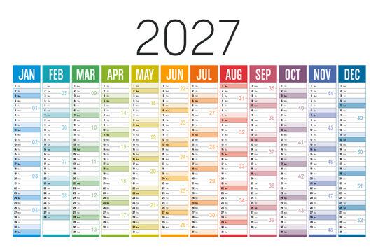 Year 2026 colorful wall calendar on white background, English language, vector template