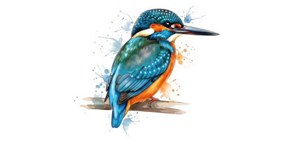 Fototapeta premium Colorful kingfisher bird perched on branch with watercolor splashes transparent background