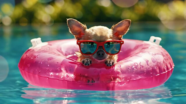 Dog in pool with sunglasses for commercial backgrounds, digital design, and advertising