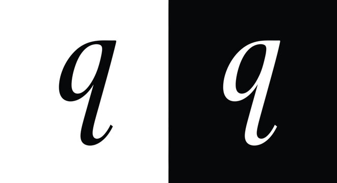 A split composition showcases the lowercase letter q in contrasting black and white schemes