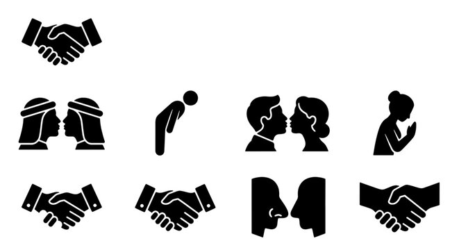 Global greeting icons set, cultural salutation symbols including handshake and bowing, black silhouette people greeting vector collection
