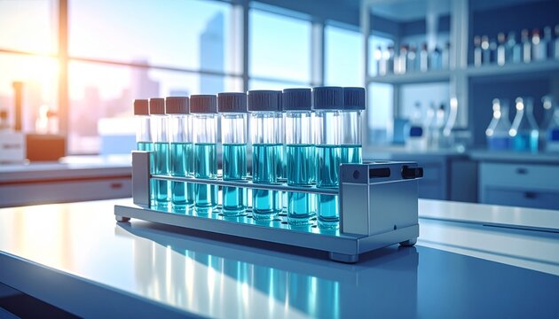 A scientist examines test tubes filled with blue liquid on a laboratory counter near a window.