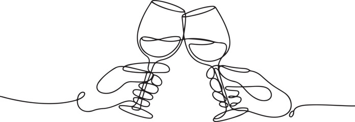 Fototapeta premium hands hold wine clinking glasses line art vector illustration, continuous drawing contour. one line Icon drawing