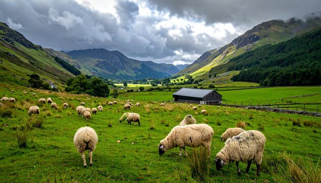 Sheep grazing peacefully in a lush green valley with mountains and a barn under a cloudy sky with 1 reference