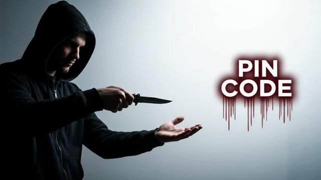 Aggressive man in hoodie with knife threatening victim for pin code. Criminal extortion and robbery concept. Dangerous robbery scene with weapon and blood effect.