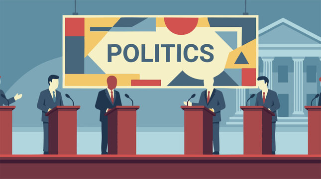 Political Debate Illustration with Candidates at Podium and 'Politics' Banner