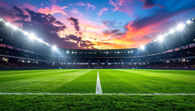 Rugby players compete on a green field in a stadium at sunset
