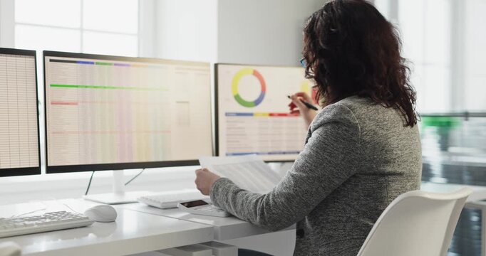 Businesswoman analyst audit spreadsheet data on computer. In an office she reviews accounting dashboards and finance reports on multiple monitors. Clear business finance data analysis concept.