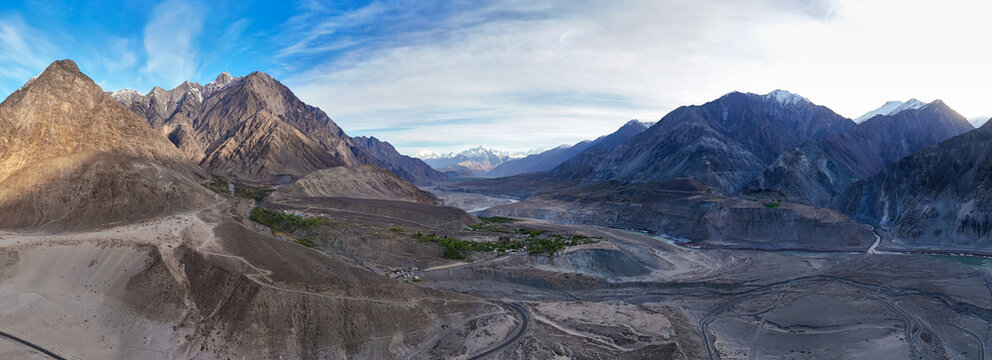 Ultra-Wide Panorama of Jaglot Oasis KKH and Hindu Kush Mountains 4K, Life and Infrastructure Amidst the Barren Himalayan Canyons