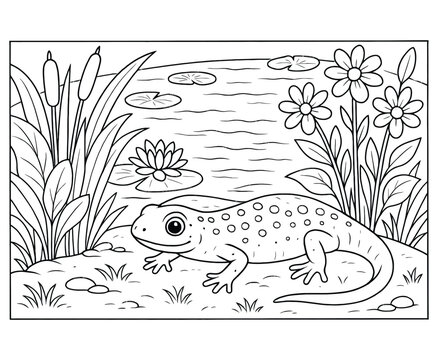 Cute salamander in water on grassy bank with reeds and flowers, coloring book page.