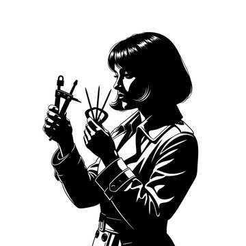 Silhouette of a woman holding various sculpting tools in her hands.