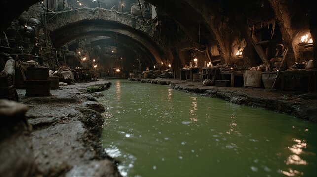 Ancient underground canal flowing through stone arches. Wooden barrels and lanterns along glowing green waterway in cavern. Fantasy adventure setting for games and storytelling.
