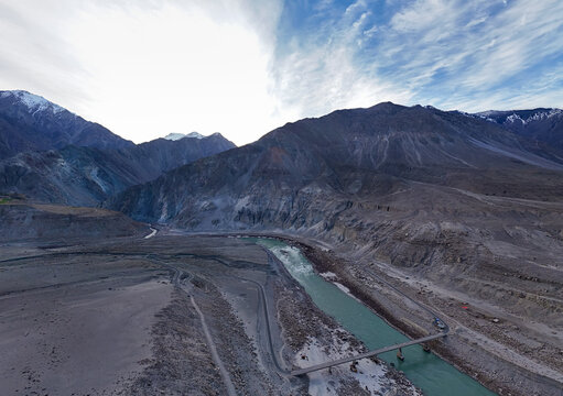 Aerial Stitched Wide Angle View of Indus Gilgit River Confluence Jaglot KKH 6-Shot Panorama Pakistan, The Meeting Point of Himalayan Rivers and Karakoram Highway at Jaglot