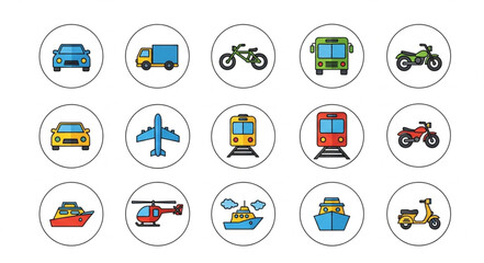 Fototapeta premium Collection of various transportation vehicles and modes of transport icons.