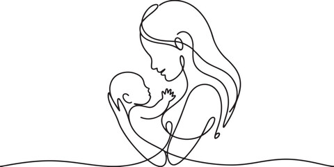 Mother and baby line art vector illustration, mothers day celebration. one line Icon drawing