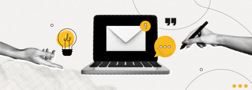 Trendy Halftone Collage Email Communication and Digital Marketing concept. Hands with letter on computer laptop. Close envelope with new message. Contemporary vector illustration art