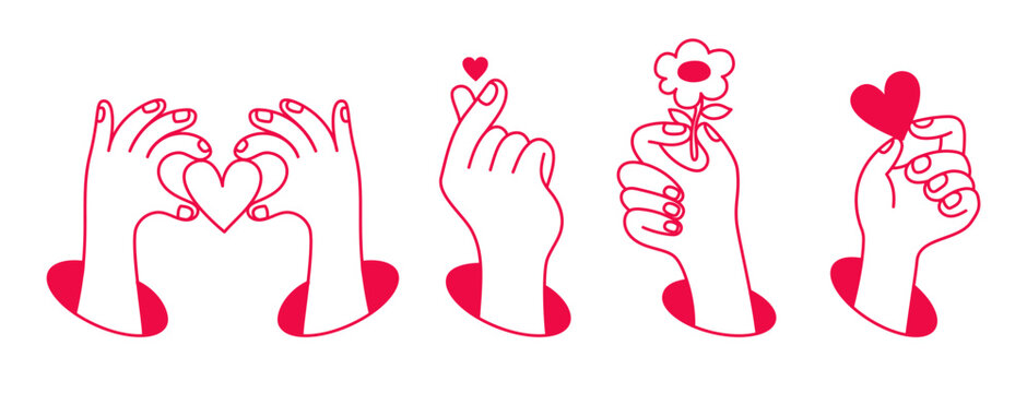 Vector hand drawn gesture, doodle sketchy illustration, sign, hand holding flower, heart, love, date and romance concept