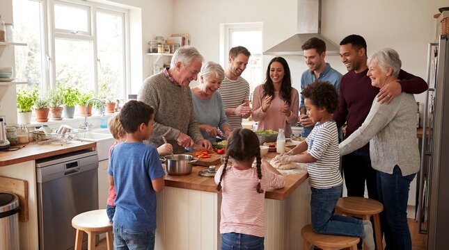 A diverse family gathers around the kitchen island preparing and enjoying a meal together indoors.