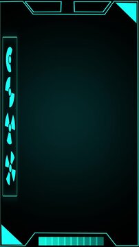 Futuristic sci-fi hud interface frame on dark grid background with cyan neon borders, side icon panel and bottom progress bar; empty screen for ui overlay or gaming stream.