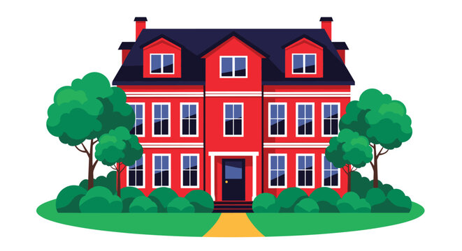 Large traditional red brick house with three floors and many windows is surrounded by lush green trees and bushes in a quiet setting.