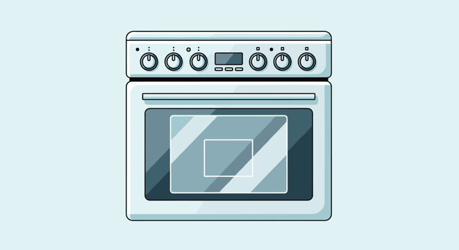 Frontal view illustration of a modern white kitchen stove and oven with black control knobs and a digital display.