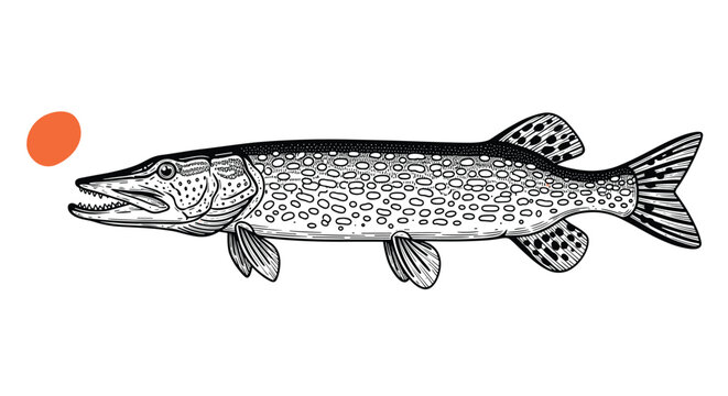 Northern pike fish illustration shows detailed scales and fins in a traditional black and white engraving style for fishing art.