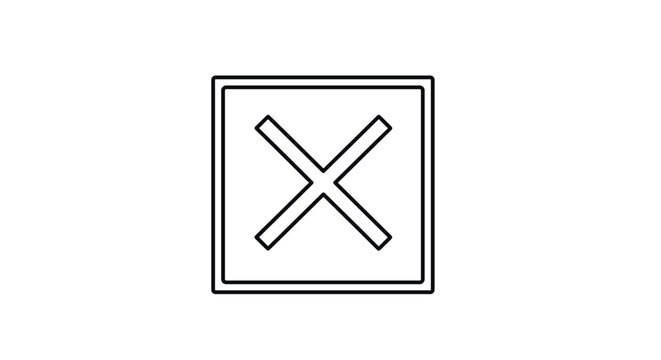 Simple cross mark icon inside a square frame is presented as a clean black line drawing symbol for rejection or incorrectness.