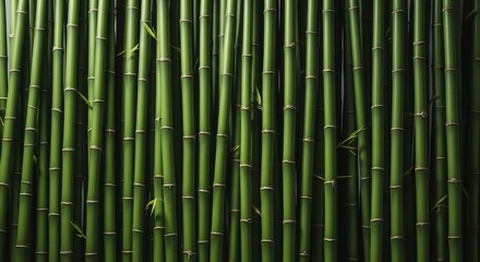 Obraz premium A Dense Wall of Vibrant Green Bamboo Stalks Illuminated by Soft Light.