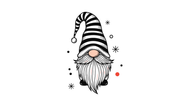 Detailed line art drawing of a festive Christmas gnome with a tall striped hat long beard and a cute round nose.