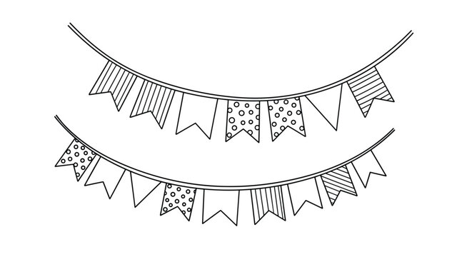 Simple line art illustration of two rows of hanging bunting flags with various patterns like dots and stripes.