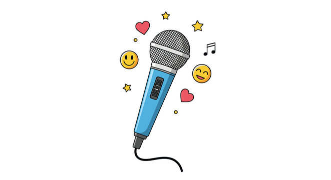Dynamic blue microphone illustration surrounded by musical notes stars hearts and smiley faces for a music theme.