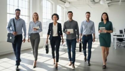 Fototapeta premium Group of business people in modern office. Professional team moving towards goal. Diverse colleague walking together during work day. Corporate culture and collaboration concept.