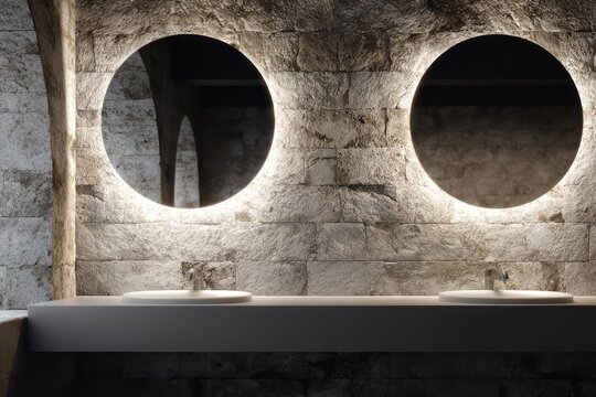 Illuminated round mirrors above sinks complement stone wall in modern bathroom.